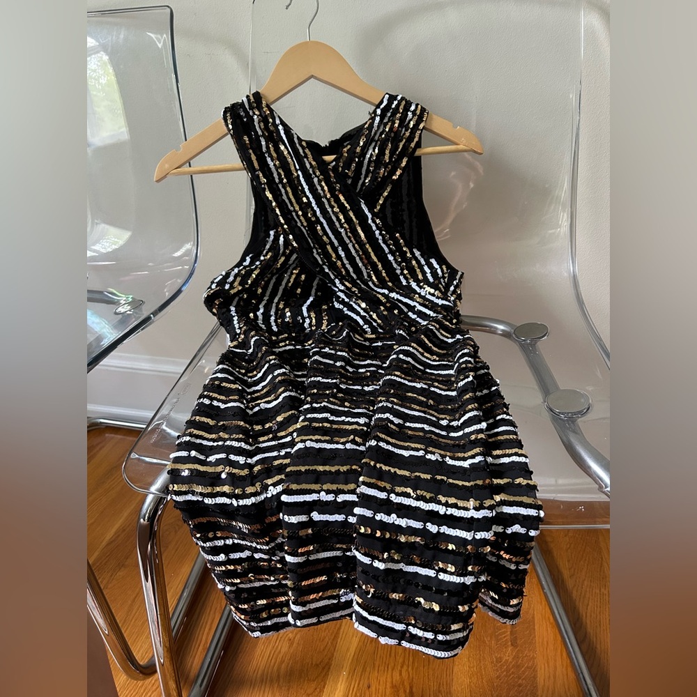 Zara Elegant Black and Gold Striped Dress S